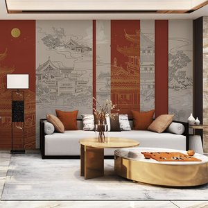 8D新中式古典手绘素描山水古建筑墙纸火锅店烫金古风装饰风景壁纸