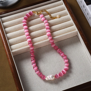 粉色猫眼石天然异形巴洛克珍珠串珠项链女法式轻奢小众设计锁骨链