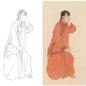 zv19白描底稿何家英工笔人物独坐黄昏后实物打印白描底稿