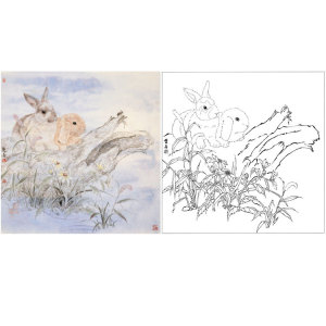 lk07鲁双喜工笔动物兔子白描底稿暖春实物打印白描底稿