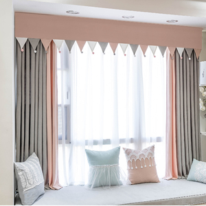 忆时光北欧风灰粉拼接拼色窗帘女孩卧室公主房儿童房窗幔帘头定做