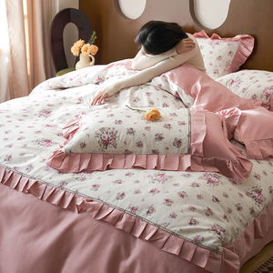 2024新款韩式浪漫花边织带款四件套纯棉全棉印花床单被套床上用品