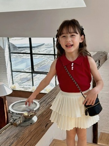 韩系春夏装儿童气质复古红四粒扣翻领针织上衣女童无袖背心宝宝针