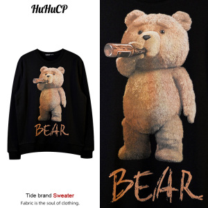 bear泰迪熊系列喝啤酒小熊印花卫衣男女款圆领宽松纯棉春秋外套