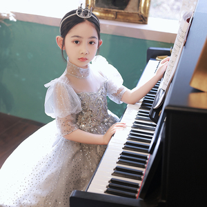 高端灰色蓬蓬裙晚礼服女童公主裙小女孩主持人儿童钢琴演奏演出服