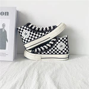 官网正品star/匡威高帮日系棋盘格子帆布鞋女设计感小众黑白板鞋