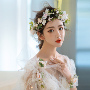 新娘森系花环超仙唯美花仙子头花发带浅色系韩式时尚气质结婚头饰
