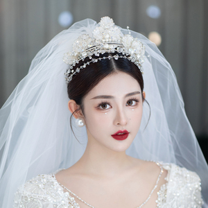 新娘头饰手工皇冠优雅婚纱礼服叠戴唯美白色气质韩式造型发饰套装