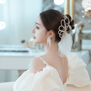 新娘发饰白色超仙白纱珍珠串珠手工发夹婚纱礼服配饰韩式造型头饰