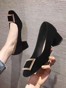 格蕾絲官方瑞貝卡愛米高專柜正品單鞋女中跟瓢鞋2022新款黑色皮鞋