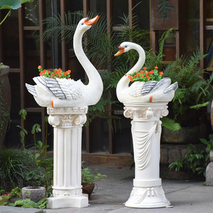 欧式罗马柱户外花园小品庭院装饰摆件创意天鹅花盆阳台布置造景