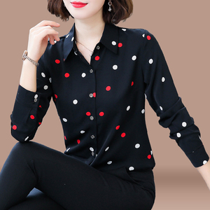 声雨竹黑色波点雪纺衬衫女长袖2022春秋款洋气韩版百搭修身打底衫