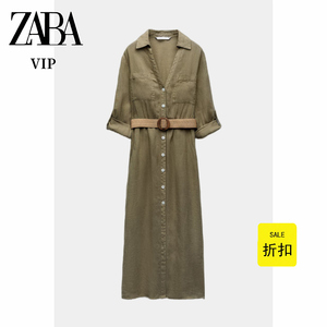 ZA新款 女装 高级感亚麻配腰带衬衣式卷袖长款连衣裙 8036707 505