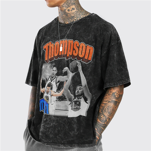 篮球克莱·汤普森klaythompson水洗做旧印花t恤复古宽松短袖嘻哈