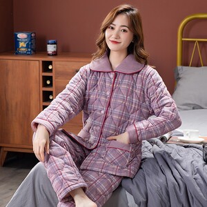 秋鹿官方旗舰店正品冬季睡衣女2022年新款加厚纯棉夹棉三层保暖格