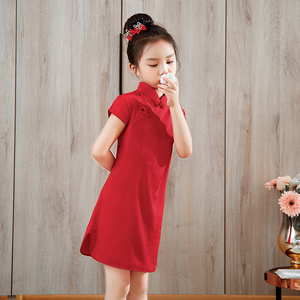 女童旗袍红色女孩十岁生日公主裙周岁礼服连衣裙中式儿童演出服女