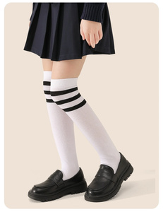 白色两道杠条纹小腿袜女学生纯棉中长筒学院风棒球高尔夫球过膝袜