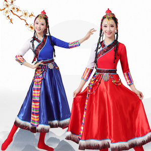 藏族舞蹈服装蒙古女卓玛表演服民族风广场舞蹈成人复古长裙演出服