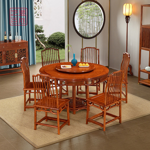 艺盟百胜红木餐桌圆桌家用缅甸花梨大圆台带转盘中式实木圆形饭桌