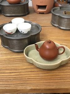 漳州窑绿釉茶盘六角壶承 开片玻璃釉干泡台潮汕工夫茶具
