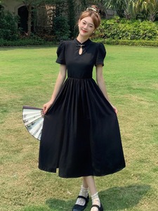 大码新中式改良旗袍短袖连衣裙女2024夏季黑色大摆侧面开衩长裙子