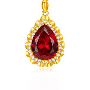 纯黄金水滴红宝石吊坠足金999女士锁骨项链挂坠5d硬金坠子送母亲