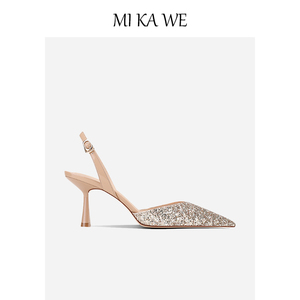 密卡威/MIkawe 一字带高跟鞋女2022年新款夏季包头真皮女士凉鞋子