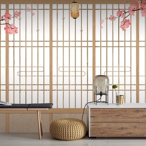 3d韩式日式仿木门简约和风墙纸樱花烤肉寿司料理店背景墙壁纸餐厅