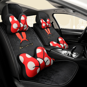 冬季汽车坐垫黑红色全包围毛绒蝴蝶结座椅套女士网红布艺卡通保暖