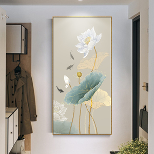 荷花新中式玄关装饰画入户玄幻鱼挂画走廊过道竖版进门墙面墙画