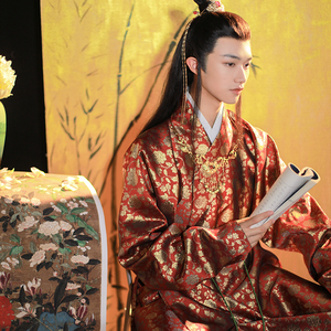 君陈原创传统汉服明制直裰宴会红色织金儒雅贵公子汉服男装-良缘