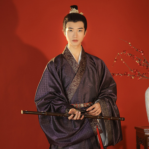 君陈大放量紫色仿花罗提花公子宋制交领长衫春季汉服男装-舜华