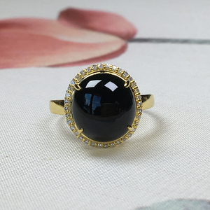 缅甸翡翠墨翠戒指四叶草马鞍裸石女款墨翠冰种18k金镶嵌蛋面戒指