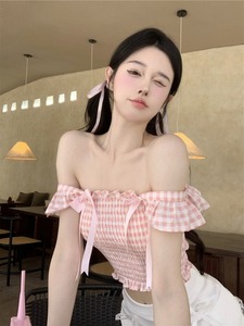 蝴蝶结粉色格子小飞袖方领衬衫女夏季甜美温柔衬衣修身短款bm上衣