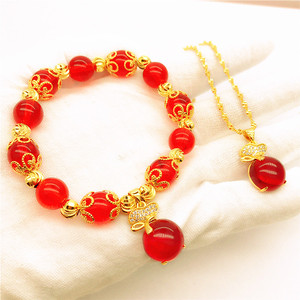 周大福星24k越南沙金999黄金首饰微镶红宝石福袋吊坠女项链不掉色