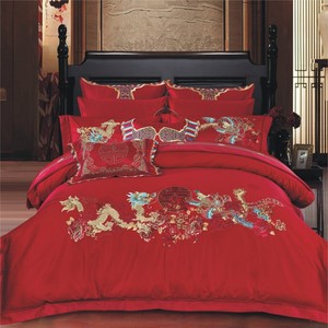 蒂娜家纺床上用品牌新婚庆红色十样多件套一生一世全纯棉提花绣花