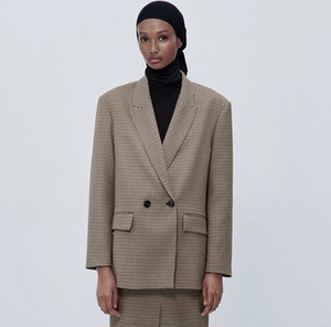 8750331zara西装女装气质百搭宽松显瘦格子双排扣外套08750331085