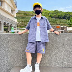 韩国男童夏装格子衬衫套装新款儿童装夏款短袖中大童帅气时髦潮牌