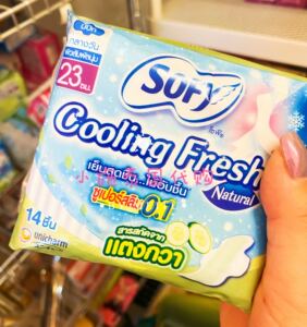 小施泰国超市苏菲sofy清凉冰爽青瓜cooling超薄0.1卫生巾23cm