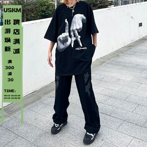 INONE奇卡诺LA手势印花美式hiphop短袖T恤男oversize复古炸街上衣