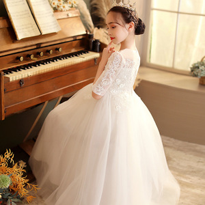 女童白色礼服裙新款白纱裙花童婚纱钢琴演出服儿童公主裙高端洋气