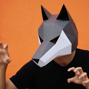 创意diy纸面具狼人大灰狼头套化妆舞会派对表演动物道具万圣节cos