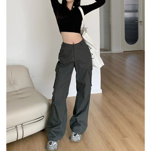 SUN11 深灰色美式甜酷高腰直筒工装裤女2024新款设计感显瘦休闲裤