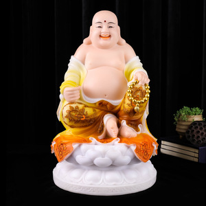 紫竹莲汉白玉彩绘 弥勒佛像供奉家用笑佛大肚佛弥勒佛未来佛摆件