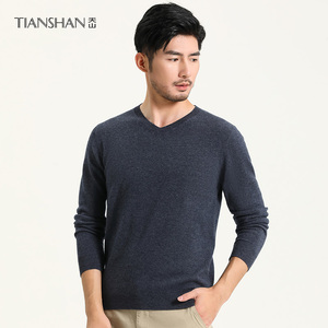 天山羊毛衫男100%羊毛秋冬厚款v领针织衫爸爸装宽松打底毛衣