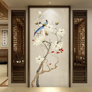 新中式3D立体花鸟玄关背景墙纸客厅走廊隔断过道壁画优雅墙布壁纸