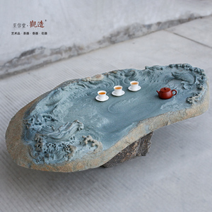 观造大师手工雕刻龙茶盘天然罗源青石茶桌高端办公石板【孤品】