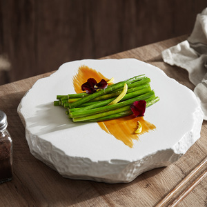 白色异形陶瓷石纹西餐盘平盘托盘菜盘子酒店餐厅饭店会所冷菜餐具
