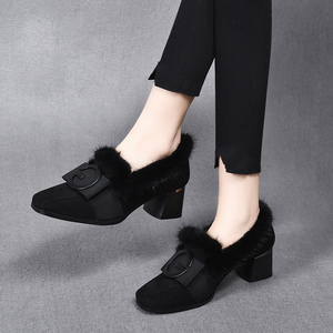 粗跟乐福鞋女加绒冬季2021年新款真皮方头百搭小皮鞋中跟毛毛鞋子