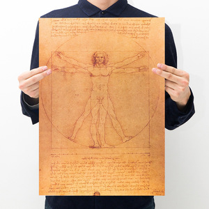 维特鲁威人牛皮纸复古海报 达芬奇人体黄金比例手稿墙贴装饰画